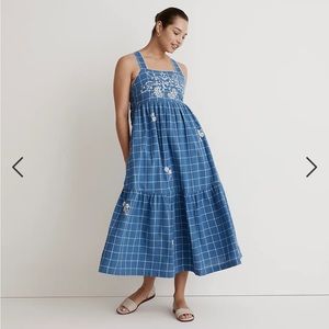 NWT Madewell Embroidered Cicely Tiered Midi Dress in Plaid
